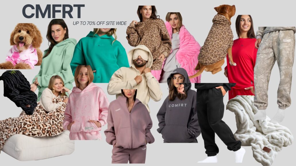 CMFRT sale featuring cozy hoodies, sweat sets, blankets, and matching dog outfits up to 70% off