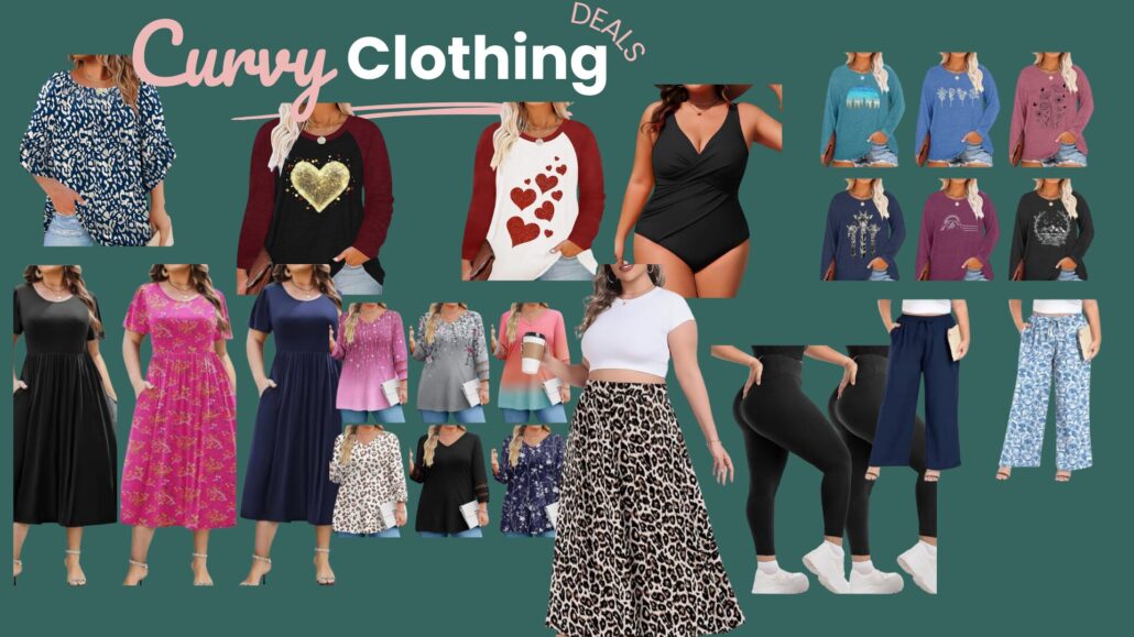 Curvy plus size clothing deals featuring dresses, tops, leggings, wide leg pants, and one-piece outfits