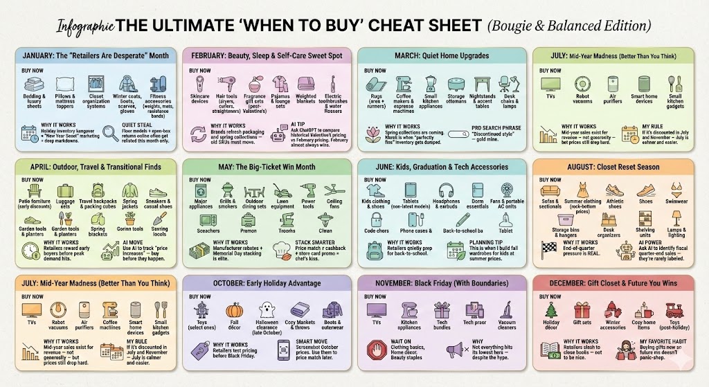 The Ultimate When to Buy Cheat Sheet by Bougie & Balanced, showing the best monthly shopping deals for home, fashion, and tech