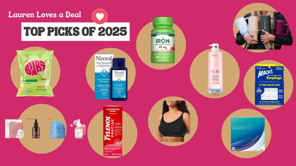 Lauren Loves a Deal Top Picks of 2025 featuring Nizoral shampoo, Swedish candy, HydroJug, iron supplement, Olay body wash, Medicube skincare, Comfilie bra, Precision 1 contacts, Tylenol Precise, and Mack’s earplugs