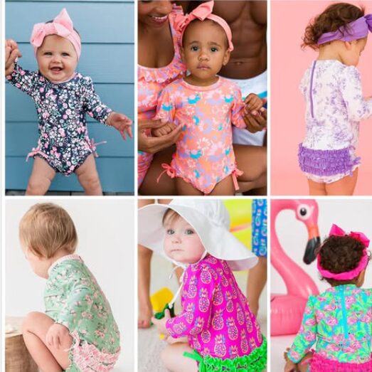Baby swimwear featuring infant one-piece swimsuits with ruffle details, long sleeves, and SPF protection in colorful summer prints.