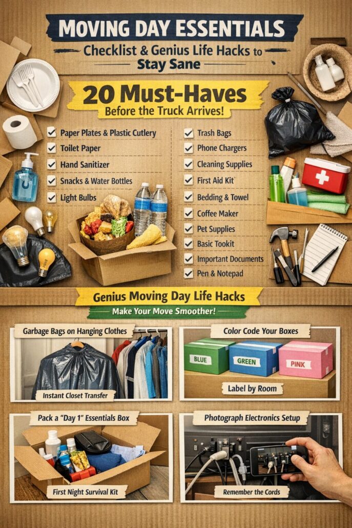 Moving day essentials checklist infographic showing 20 must-have items and genius moving day hacks, including packing tips, organization ideas, and first-day moving essentials.