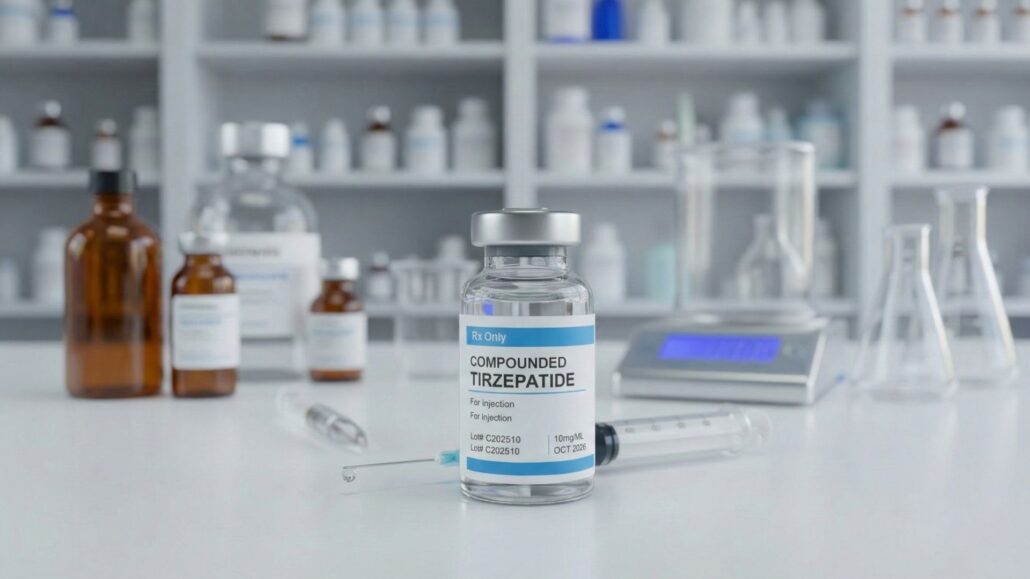 A sterile glass vial of compounded tirzepatide sits on a white laboratory counter next to a syringe, illustrating the clinical side of how GLP-1 medications work to regulate blood sugar and appetite.
