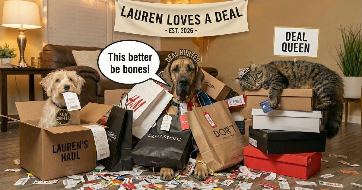 The Lauren Loves A Deal Pets Team: Carl, Ruby, and Willow shopping