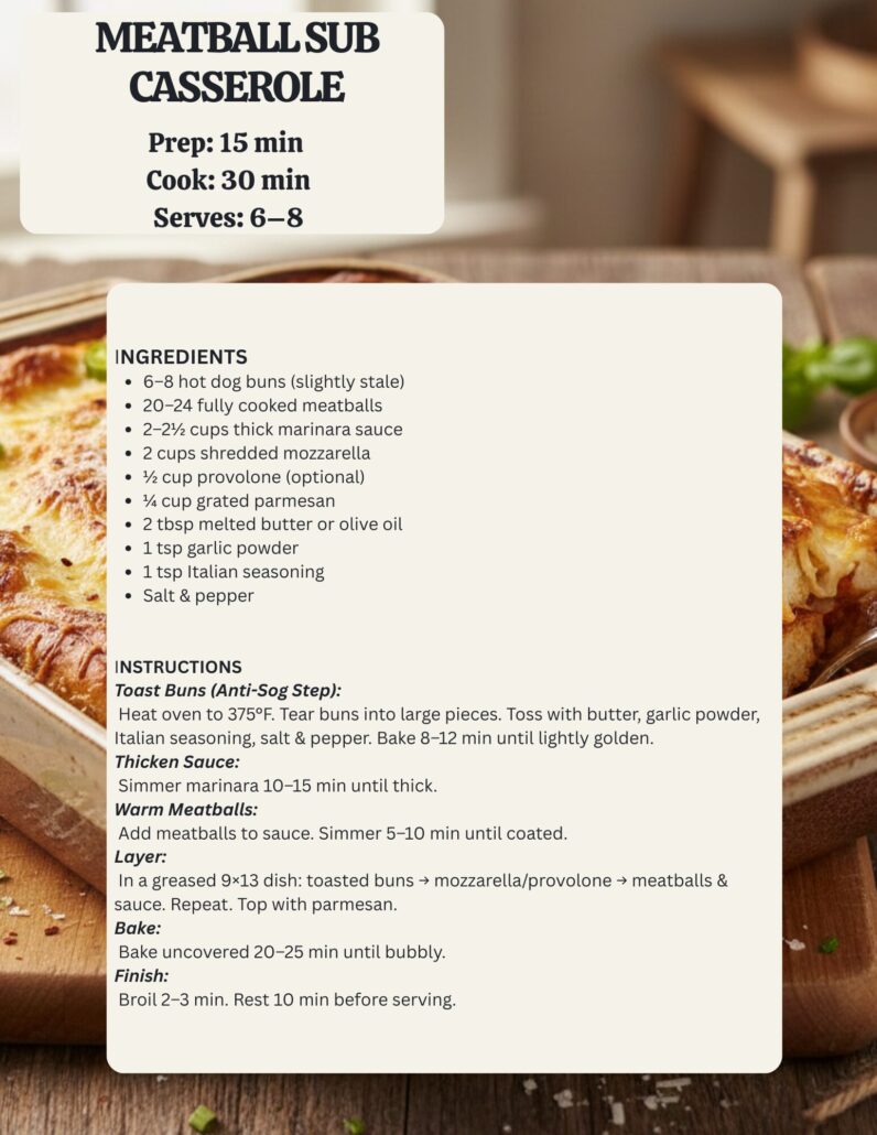 olden-brown meatball sub casserole in a 9x13 baking dish featuring melted mozzarella and toasted hot dog bun pieces.