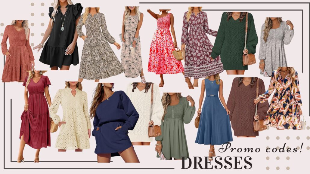 Affordable women’s dresses with promo codes including floral prints, sweater dresses, midi and maxi styles for fall to spring transition