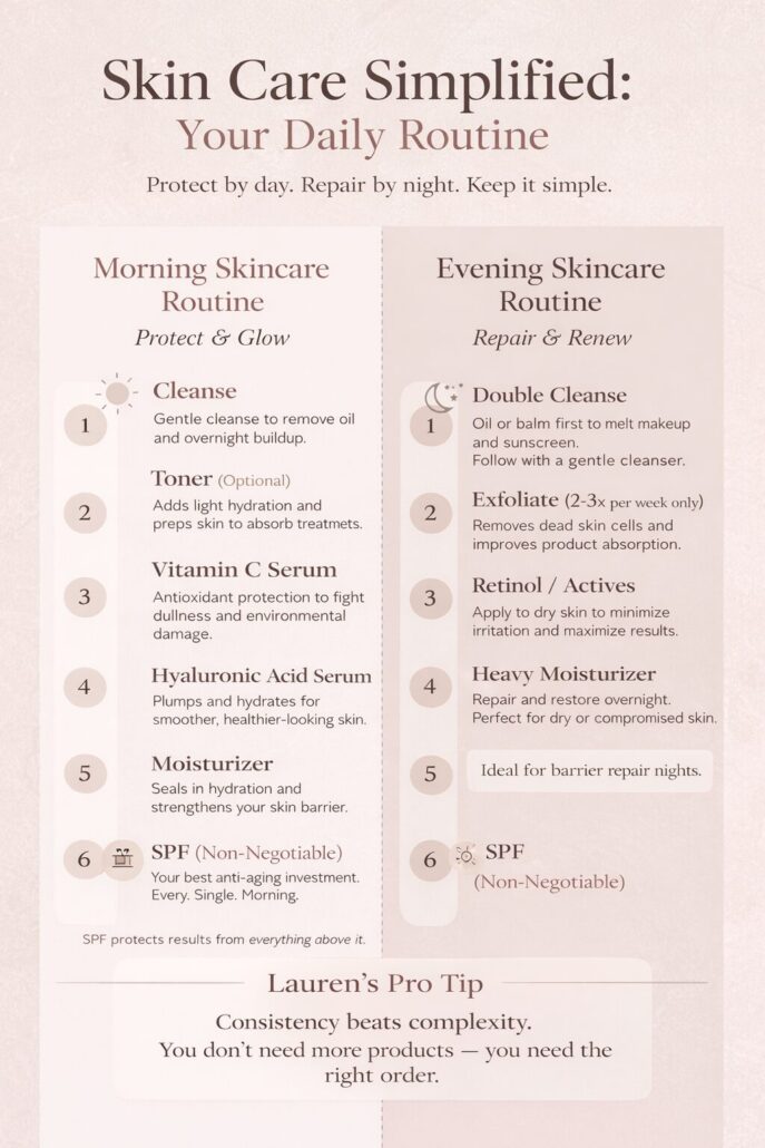 Skin Care Simplified infographic showing the correct morning and evening skincare routine order, including cleansing, vitamin C, retinol, moisturizer, and SPF.
