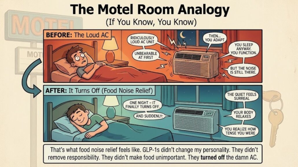 Illustration explaining food noise relief on GLP-1 medications using a motel room air conditioner analogy, showing mental relief before and after treatment