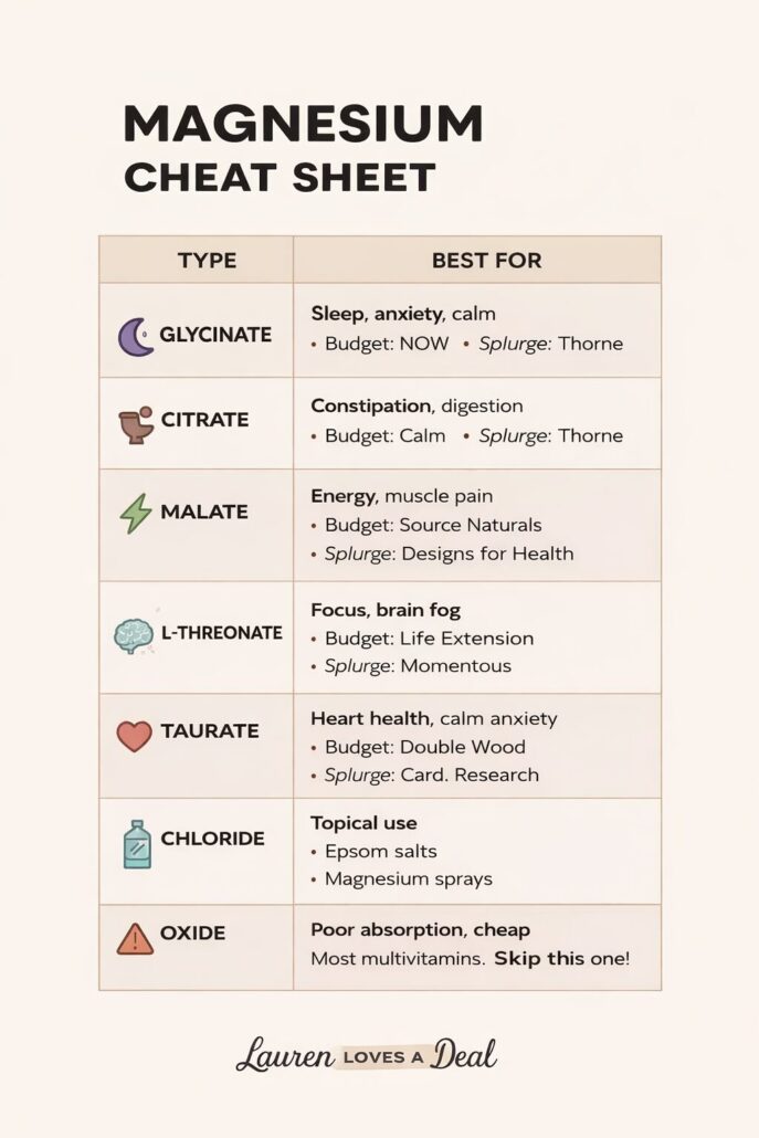 Magnesium cheat sheet showing different types of magnesium supplements, what each is best for, and recommended brands for sleep, digestion, energy, focus, and heart health.