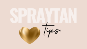 Graphic with a gold heart and the words SPRAY TAN tips on a light peach background