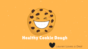 Illustrated smiling cookie dough graphic representing a healthy, high-protein cookie dough recipe with chocolate chips