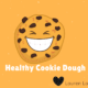 Illustrated smiling cookie dough graphic representing a healthy, high-protein cookie dough recipe with chocolate chips