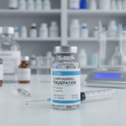 A sterile glass vial of compounded tirzepatide sits on a white laboratory counter next to a syringe, illustrating the clinical side of how GLP-1 medications work to regulate blood sugar and appetite.