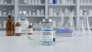 A sterile glass vial of compounded tirzepatide sits on a white laboratory counter next to a syringe, illustrating the clinical side of how GLP-1 medications work to regulate blood sugar and appetite.