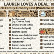 Infographic checklist titled Lauren Loves a Deal: Iron-Rich Family Grocery List. Includes heme and non-heme proteins, fortified grains, and Vitamin C fruit pairings for better iron absorption.