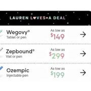 Comparison price list for Wegovy, Zepbound, and Ozempic weight loss medications from Lauren Loves A Deal, featuring monthly costs as low as $149.