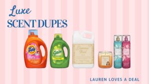 Luxury scent dupes featuring Tide with Downy, Gain laundry detergent, Glamorous Wash Diva detergent, luxury-inspired candles, and body spray dupes on a pink striped background from Lauren Loves a Deal.