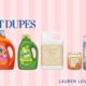 Luxury scent dupes featuring Tide with Downy, Gain laundry detergent, Glamorous Wash Diva detergent, luxury-inspired candles, and body spray dupes on a pink striped background from Lauren Loves a Deal.
