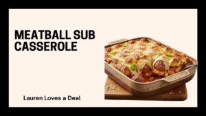 Cheesy meatball sub casserole made with toasted hot dog buns to prevent sogginess