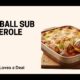 Cheesy meatball sub casserole made with toasted hot dog buns to prevent sogginess