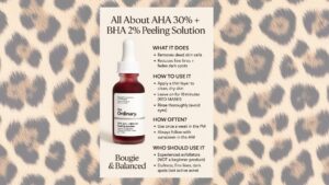 The Ordinary AHA 30% + BHA 2% Peeling Solution showing red exfoliating mask and benefits including smoother skin, reduced fine lines, and brighter complexion