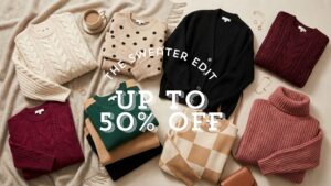 A flat lay collection of women's chunky cable knit sweaters, polka dot pullovers, and checkerboard knits in neutral cream, tan, and deep burgundy tones.