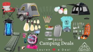 Camping deals roundup graphic featuring tents, camping chairs, bug zapper, inflatable sleeping pad, truck bed tent, outdoor lights, BBQ skewers, portable fan, camping cookware kit, and outdoor accessories