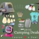 Camping deals roundup graphic featuring tents, camping chairs, bug zapper, inflatable sleeping pad, truck bed tent, outdoor lights, BBQ skewers, portable fan, camping cookware kit, and outdoor accessories